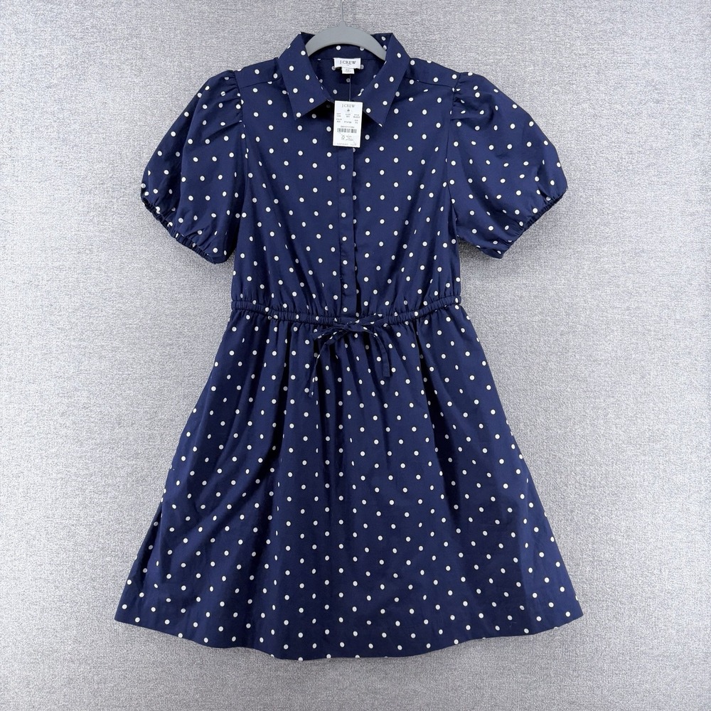 J CREW Fit and Flare Dress Women Size 2 Petite Blue Polk Dot Tie Waist NEW
